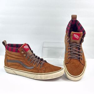 Vans Sk8-Hi MTE Sneakers Mens 11.5 Brown Suede All-Weather Red Plaid Lined